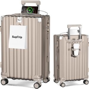 [SupTrip] スーツケース 機内持ち込み 多機能 キャリーケース 大型 超軽量 キャリーバッグ 耐衝撃 USBポート付き カップホルダー付き 充電機能 荷物フック 隠しフック機能 静音 ダブルキャスター 360度回転 修学 泊まる 旅行 出張 (シャンパンゴールド, M (50L/3-6泊))