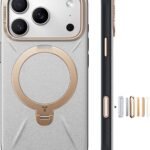 TORRAS iPhone 17 Pro 用 ケース【新感覚レザー・スキンタッチ】Ostand Q3 レザートーン MagSafe対応 リング スタンド 360°定点回転 縦横両対応 マグネット搭載 革 カメラコントロールボタン 米軍規格 耐衝撃 指紋防止 パール・グレー