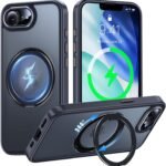 iPhone 17e / iPhone 16e 用 ケース Magsafe対応 360°回転スタンド アイフォン16e / アイフォン 17e カバー リング マグネット搭載 ワイヤレス充電 縦横多角度 対応 Uovon アイホン 16e / 17e スマホケース 車載ホルダー ストラップ穴付き マット 半透明 指紋防止 黄変防止 米軍MIL規格 ・ ブラック