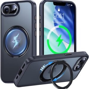 iPhone 17e / iPhone 16e 用 ケース Magsafe対応 360°回転スタンド アイフォン16e / アイフォン 17e カバー リング マグネット搭載 ワイヤレス充電 縦横多角度 対応 Uovon アイホン 16e / 17e スマホケース 車載ホルダー ストラップ穴付き マット 半透明 指紋防止 黄変防止 米軍MIL規格 ・ ブラック