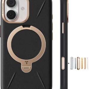 TORRAS iPhone 17 用 ケース【新感覚レザー・スキンタッチ】Ostand Q3 レザートーン MagSafe対応 リング スタンド 360°定点回転 縦横両対応 マグネット搭載 革 カメラコントロールボタン 米軍規格 耐衝撃 指紋防止 こくよう・ブラック