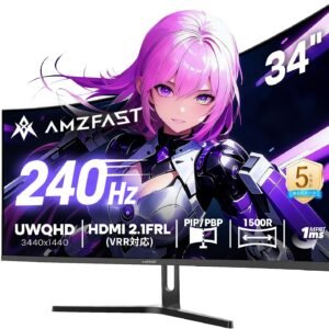 Amzfast 34-Inch Gaming Monitor 240Hz Curved Ultra-Wide UWQHD 3440x1440 1ms MPRT 130%sRGB VA Panel 3000:1 Contrast/HDR400/Adaptive Sync/Flicker-Free/PIP PBP Function/Blue Light Reduction/HDMI 2.1 FRL*2