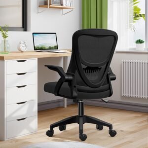 [EdoErgo] オフィスチェア 椅子 テレワーク 疲れない 跳ね上げ式アームレスト コンパクト 約105度ロッキング pc 事務椅子 360度回転 座面昇降 強化ナイロン樹脂ベース 通気性メッシュ 在宅ワーク H-WY01 (黒網+黒枠+黒足)