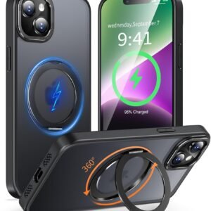 KWATUNG 互換品 iphone14 用 ケース magsafe対応 ワイヤレス充電 いphone14 用ケース 耐衝撃 iphone13 用スマホケース magsafe対応 360°回転スタンド 縦横両対応 アイフォン14 用スマホケース マグネット搭載 アイフォン13用カバー 米軍MIL規格 iphone 13 用 iphone 14 用 6.1インチ マット感 ブラック