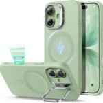 【デザイン受賞シリーズ！】ESR iPhone 17 ケース MagSafe対応 カメラボタン付き 隠しスタンド 調整可能 3倍米軍MIL規格 ワイヤレス充電対応 エアガードコーナー 耐衝撃 傷防止 軽量 スマホケース 高級柔らかな素材 雲のような肌触り いphone17ケース アイフォン17専用Cloudシリーズ(ライトグリーン)