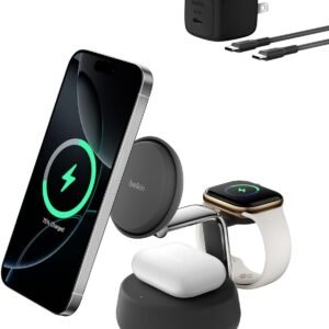 【Amazon.co.jp限定】Belkin Qi2 25W ワイヤレス充電器 3 in 1 世界初 充電スタンド Qi2公式認証 MagSafe マグセーフ 急速充電 iPhone17,16～12 Applewatch対応 アップルウォッチ Google Pixel 10 Pro XL チャコールブラック WIZ040dqCH-A ※Amazon.co.jp限定 壁紙ダウンロード付き