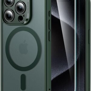 【4 in 1セット！保護フィルム付き】ESR iPhone 15 Pro Max ケース Magsafe対応 半透明 マットケース 画面 保護フィルム付き 米軍MIL規格 耐衝撃 傷防止 いphone15pro max ケース ストラップホール付き Classicシリーズ（クリア_フロストグリーン）