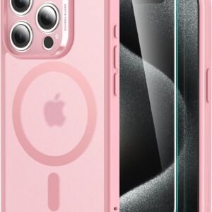 【4 in 1セット！保護フィルム付き】ESR iPhone 15 Pro Max ケース Magsafe対応 半透明 マットケース 画面 保護フィルム付き 米軍MIL規格 耐衝撃 傷防止 いphone15pro max ケース ストラップホール付き Classicシリーズ（クリア_フロストピンク）