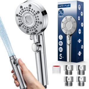 シャワーヘッド マイクロナノバブル 強力水流【ナノバブルSPA・増圧アップ・90%節水・美髪・毛穴洗浄・5段階モード】 肌ケア 毛穴汚れ除く 高水圧 超微細泡シャワー 手元止水 広面板 美肌 頭皮ケア ミストシャワー ヘッド うるおい 保温 肌ケア 浴室掃除対応 軽量設計 工具不要 簡単取付 4種アダプター 全規格対応（K/M/T/G型）