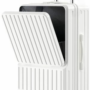 [BARGOHOY] スーツケース フロントオープン 多機能 キャリーケース 軽量 カップホルダー付き 隠しフック機能 キャリーバッグ USBポート付き 耐衝撃 静音 360度回転 TSAローク ファスナータイプ キャリーバッグ 人気 おしゃれ 旅行 ビジネス 出張 修学 泊まる 入院 (ホワイト, Sサイズ機内持込OK /42L(1～3泊))