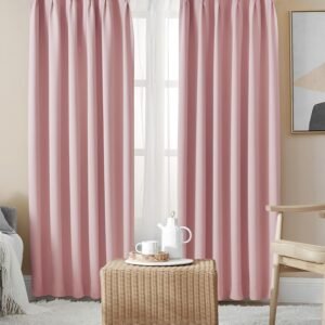 Hansleep カーテン 1級遮光 4枚組 コーラルピンク 幅100cm丈135cm UVカット 断熱 防寒 防音 省エネ 厚手 無地 おしゃれ カーテンセット 洗える 寝室 リビング用 (ドレープカーテン2枚・レースカーテン2枚)