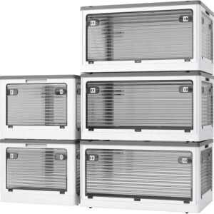 X XUNTAO【収納ボックス 折りたたみ】蓋付き 積み重ね 全方向から取り出せる 収納ケース 衣類 布団 小物 収納 折り畳み コンテナ ボックス 大型 プラスチック キャスター付き おしゃれ 防塵 防カビ 防湿 無臭 半透明 厚み 強い耐荷重 大容量 家庭用 車用 複数のサイズ 各種カラー（L5個セット,51.5cm*36cm*30cm,55.6L）