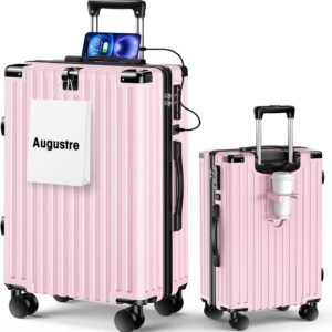 [Augustre] スーツケース 機内持ち込み 超軽量 キャリーケース 大型 軽量 多機能 キャリーバッグ 静音 耐衝撃 ダブルキャスター S/M/Lサイズ カップホルダー付 USB充電機能 隠しフック機能 360度回転 TSAローク搭載 ファスナー式 旅行 ビジネス 出張 (ピンク, M（4~7泊/65L）)
