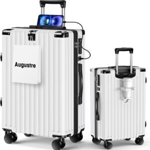 [Augustre] スーツケース 機内持ち込み 超軽量 キャリーケース 大型 軽量 多機能 キャリーバッグ 静音 耐衝撃 ダブルキャスター S/M/Lサイズ カップホルダー付 USB充電機能 隠しフック機能 360度回転 TSAローク搭載 ファスナー式 旅行 ビジネス 出張 (ホワイト, M（4~7泊/65L）)