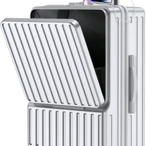 [BARGOHOY] スーツケース フロントオープン 多機能 キャリーケース 軽量 カップホルダー付き 隠しフック機能 キャリーバッグ USBポート付き 耐衝撃 静音 360度回転 TSAローク ファスナータイプ キャリーバッグ 人気 おしゃれ 旅行 ビジネス 出張 修学 泊まる 入院 (シルバー, Lサイズ/95L(7泊～長期旅行))