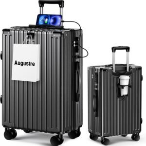 [Augustre] スーツケース 機内持ち込み 超軽量 キャリーケース 大型 軽量 多機能 キャリーバッグ 静音 耐衝撃 ダブルキャスター S/M/Lサイズ カップホルダー付 USB充電機能 隠しフック機能 360度回転 TSAローク搭載 ファスナー式 旅行 ビジネス 出張 (ブラック, M（4~7泊/65L）)