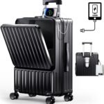 [BARGOHOY] スーツケース フロントオープン 多機能 キャリーケース 軽量 カップホルダー付き 隠しフック機能 キャリーバッグ USBポート付き 耐衝撃 静音 360度回転 TSAローク ファスナータイプ キャリーバッグ 人気 おしゃれ 旅行 ビジネス 出張 修学 泊まる 入院 (ブラック, Mサイズ/63L(4～7泊))