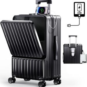 [BARGOHOY] スーツケース フロントオープン 多機能 キャリーケース 軽量 カップホルダー付き 隠しフック機能 キャリーバッグ USBポート付き 耐衝撃 静音 360度回転 TSAローク ファスナータイプ キャリーバッグ 人気 おしゃれ 旅行 ビジネス 出張 修学 泊まる 入院 (ブラック, Mサイズ/63L(4～7泊))