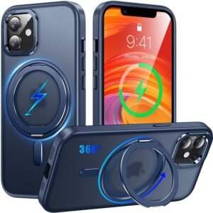 iPhone 11 用 ケース Magsafe対応 360°回転スタンド アイフォン11 携帯ケース リング マグネット ワイヤレス充電 縦横多角度 対応 カバー Uovon アイホン11 スマホケース 車載ホルダー ストラップ穴付き 透明 指紋防止 黄变防止 金属ボタン 米軍MIL規格 ・ ブルー