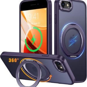 iPhone8 / iPhone SE2 / iPhone SE3 用 ケース Magsafe対応 ワイヤレス充電 360°回転スタンド 縦横両対応 Gunwon スマホケース 米軍規格 耐衝撃 半透明 マット感 マグセーフ 防指紋 リング マグネット搭載 アイフォン8/se2 /se3 用 カバー 「パープル」