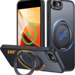 iPhone8 / iPhone SE2 / iPhone SE3 用 ケース Magsafe対応 ワイヤレス充電 360°回転スタンド 縦横両対応 Gunwon スマホケース 米軍規格 耐衝撃 半透明 マット感 マグセーフ 防指紋 リング マグネット搭載 アイフォン8/se2 /se3 用 カバー 「ブラック」