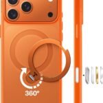 TORRAS iPhone 17 Pro 用 ケース【多機能一体・360°新定点回転スタンド】 Magsafe対応 【Ostand Q3 Spin】高耐久性 耐衝撃 ゼンマイ式スタンド リング 縦横両対応 マグネット搭載 急速充電対応 指紋防止 オレンジ