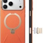 TORRAS iPhone 17 Pro Max 用 ケース【新感覚レザー・スキンタッチ】Ostand Q3 レザートーン MagSafe対応 リング スタンド 360°定点回転 縦横両対応 マグネット搭載 革 カメラコントロールボタン 米軍規格 耐衝撃 指紋防止 ファイアオパール ・オレンジ