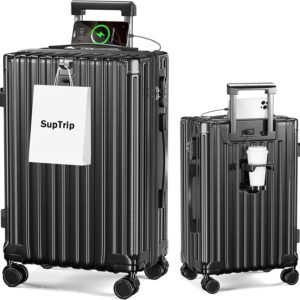 [SupTrip] スーツケース 機内持ち込み 多機能 キャリーケース 大型 超軽量 キャリーバッグ 耐衝撃 USBポート付き カップホルダー付き 充電機能 荷物フック 隠しフック機能 静音 ダブルキャスター 360度回転 修学 泊まる 旅行 出張 (ブラック, S (40L/1-3泊/機内持込）)