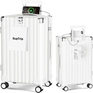 [SupTrip] スーツケース 機内持ち込み 多機能 キャリーケース 大型 超軽量 キャリーバッグ 耐衝撃 USBポート付き カップホルダー付き 充電機能 荷物フック 隠しフック機能 静音 ダブルキャスター 360度回転 修学 泊まる 旅行 出張 (ホワイト, S (40L/1-3泊/機内持込）)