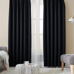 Hansleep カーテン 遮光カーテン 4枚セット 1級遮光 ブラック 幅100cm丈140cm 断熱 防寒 防音 省エネ 無地 洗える 寝室 リビング用 (ドレープカーテン2枚・レースカーテン2枚)