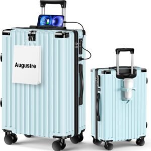[Augustre] スーツケース 機内持ち込み 超軽量 キャリーケース 大型 軽量 多機能 キャリーバッグ 静音 耐衝撃 ダブルキャスター S/M/Lサイズ カップホルダー付 USB充電機能 隠しフック機能 360度回転 TSAローク搭載 ファスナー式 旅行 ビジネス 出張 (ブルー, L（7泊~長期旅行/95L）)