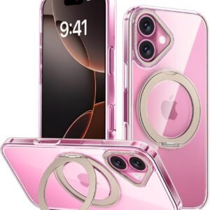 iPhone 16 用 ケース Magsafe対応 ワイヤレス充電 360°回転スタンド 縦横両対応 Gunwon スマホケース iphone16 用 米軍規格 耐衝撃 半透明 マット感 マグセーフ 防指紋 リング マグネット搭載 アイフォン16 用 カバー「クリア・ゴールド」
