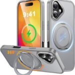 iPhone 16 Plus 用 ケース Magsafe対応 ワイヤレス充電 360°回転スタンド 縦横両対応 Gunwon スマホケース iphone16 Plus 用 米軍規格 耐衝撃 半透明 マット感 マグセーフ 防指紋 リング マグネット搭載 アイフォン16プラス 用 カバー「グレー」