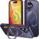 iPhone 16 用 ケース Magsafe対応 ワイヤレス充電 360°回転スタンド 縦横両対応 Gunwon スマホケース iphone16 用 米軍規格 耐衝撃 半透明 マット感 マグセーフ 防指紋 リング マグネット搭載 アイフォン16 用 カバー「パープル」