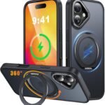 iPhone 16 用 ケース Magsafe対応 ワイヤレス充電 360°回転スタンド 縦横両対応 Gunwon スマホケース iphone16 用 米軍規格 耐衝撃 半透明 マット感 マグセーフ 防指紋 リング マグネット搭載 アイフォン16 用 カバー「ブラック」