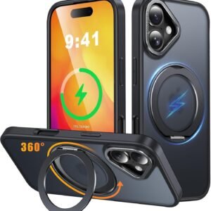iPhone 16 用 ケース Magsafe対応 ワイヤレス充電 360°回転スタンド 縦横両対応 Gunwon スマホケース iphone16 用 米軍規格 耐衝撃 半透明 マット感 マグセーフ 防指紋 リング マグネット搭載 アイフォン16 用 カバー「ブラック」