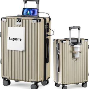 [Augustre] スーツケース 機内持ち込み 超軽量 キャリーケース 大型 軽量 多機能 キャリーバッグ 静音 耐衝撃 ダブルキャスター S/M/Lサイズ カップホルダー付 USB充電機能 隠しフック機能 360度回転 TSAローク搭載 ファスナー式 旅行 ビジネス 出張 (シャンパンゴールド, M（4~7泊/65L）)