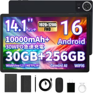 Android 16 タブレット 14インチ FHD+ 1920*1200 IPS大画面 30GB+256GB+1TB拡張 10000mAh 30WPD急速充電 wi-fi6モデル 8コアCPU PCモード Widevine L1 顔認識 5MP+8MPカメラ Bluetooth5.4 4スピーカー搭載 無線投影 画面分割 キーボード+マウス+保護ケース+タッチペン+ヘッドフォン付