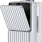 [BARGOHOY] スーツケース フロントオープン 多機能 キャリーケース 軽量 カップホルダー付き 隠しフック機能 キャリーバッグ USBポート付き 耐衝撃 静音 360度回転 TSAローク ファスナータイプ キャリーバッグ 人気 おしゃれ 旅行 ビジネス 出張 修学 泊まる 入院 (シルバー, Mサイズ/63L(4～7泊))