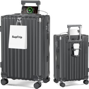 [SupTrip] スーツケース 機内持ち込み 多機能 キャリーケース 大型 超軽量 キャリーバッグ 耐衝撃 USBポート付き カップホルダー付き 充電機能 荷物フック 隠しフック機能 静音 ダブルキャスター 360度回転 修学 泊まる 旅行 出張 (グレー, S (40L/1-3泊/機内持込）)