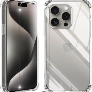 for iPhone 16 Pro用 ケース クリア ガラス保護付き 黄変防止 アイフォン16 プロ用 耐衝撃 アイフォン 16 pro 専用case 指紋防止 落下防止 いphone16 pro 用ケース 耐久性 ストラップホール付き 薄型 軽量 ソフト ワイヤレス充電対応 アイホン16pro（6.3インチ）カバー JCJC-TPU16PRO