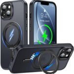 iPhone 14 Plus 用 ケース Magsafe対応 360°回転スタンド ワイヤレス充電 アイフォン14プラス 携帯ケース リング マグネット 車載ホルダー 縦横多角度 対応 カバー Uovon アイホン14プラス スマホケース ストラップ穴付き マット 半透明 指紋防止 黄变防止 金属ボタン 米軍MIL規格 ・ ブラック