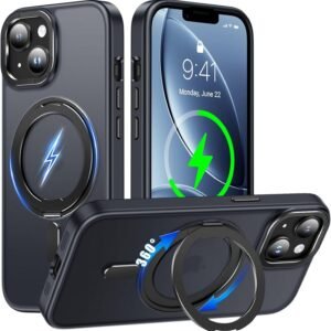 iPhone 14 Plus 用 ケース Magsafe対応 360°回転スタンド ワイヤレス充電 アイフォン14プラス 携帯ケース リング マグネット 車載ホルダー 縦横多角度 対応 カバー Uovon アイホン14プラス スマホケース ストラップ穴付き マット 半透明 指紋防止 黄变防止 金属ボタン 米軍MIL規格 ・ ブラック