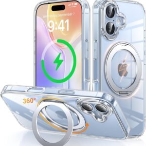 iPhone 17 用 ケース Magsafe対応 ワイヤレス充電 360°回転スタンド 縦横両対応 Gunwon スマホケース あいふおん 17 用 米軍規格 耐衝撃 マグセーフ 防指紋 リング マグネット搭載 アイフォン17 用 カバー「クリア」
