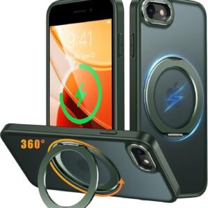 iPhone8 / iPhone SE2 / iPhone SE3 用 ケース Magsafe対応 ワイヤレス充電 360°回転スタンド 縦横両対応 Gunwon スマホケース 米軍規格 耐衝撃 半透明 マット感 マグセーフ 防指紋 リング マグネット搭載 アイフォン8/se2 /se3 用 カバー 「グリーン」