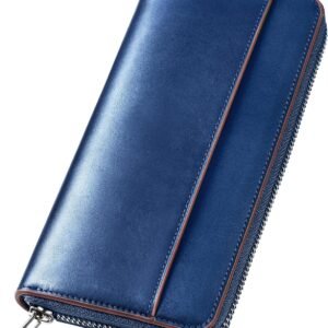 財布 メンズ 栃木レザー 長財布 本革 大容量 ファスナー式 一流の財布職人が作る レディース財布 ウォレット 牛革 小銭入れ サイフ コンパクト シンプル 無地 男性 紳士用 おしゃれ 男女兼用 父の日 母の日 人気ブランド プレゼント(ネイビー)