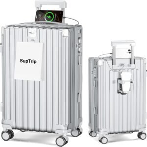 [SupTrip] スーツケース 機内持ち込み 多機能 キャリーケース 大型 超軽量 キャリーバッグ 耐衝撃 USBポート付き カップホルダー付き 充電機能 荷物フック 隠しフック機能 静音 ダブルキャスター 360度回転 修学 泊まる 旅行 出張 (シルバー, M (50L/3-6泊))