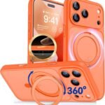 CANSHN iPhone 17 Pro 用 ケース Magsafe対応 360°回転スタンド 縦横多角度対応 カメラ周辺保護 ワイヤレス充電 あいふおん 17 Pro 用 ケース 耐衝撃 エアガードコーナー 傷つき防止 指紋防止 リング マグネット搭載 半透明マット仕上げ アイフォン17 Pro 用 カバー オレンジ
