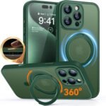 CANSHN iPhone 16 Pro 用 ケース Magsafe対応 360°回転スタンド 縦横多角度対応 カメラ周辺保護 ワイヤレス充電 あいふおん 16 Pro 用 ケース 耐衝撃 エアガードコーナー 傷つき防止 指紋防止 リング マグネット搭載 マット感 アイフォン16 Pro 用 カバー ディープグリーン