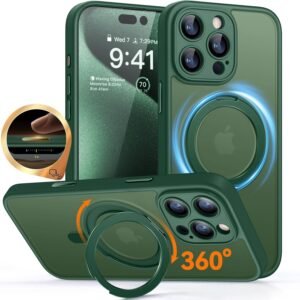 CANSHN iPhone 16 Pro 用 ケース Magsafe対応 360°回転スタンド 縦横多角度対応 カメラ周辺保護 ワイヤレス充電 あいふおん 16 Pro 用 ケース 耐衝撃 エアガードコーナー 傷つき防止 指紋防止 リング マグネット搭載 マット感 アイフォン16 Pro 用 カバー ディープグリーン